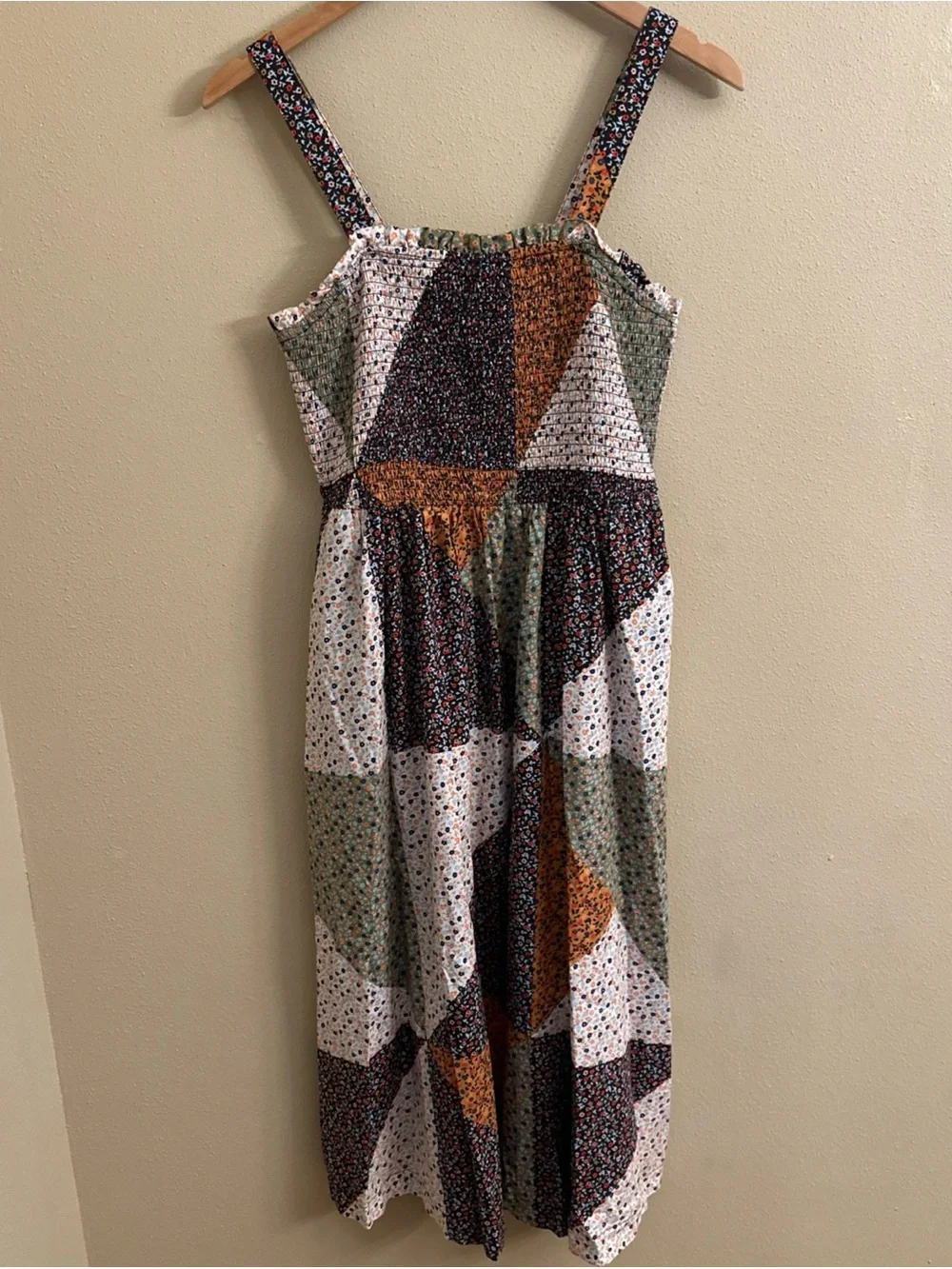Patchwork Midi Dress Smocked Bodice Grannycore Boho Farmhouse Size Small